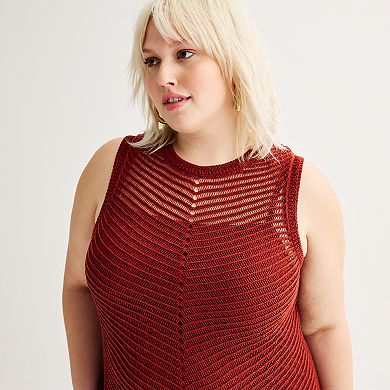 Plus Size Nine West Chevron Crochet Mesh Detailed Sleeveless Midi Dress