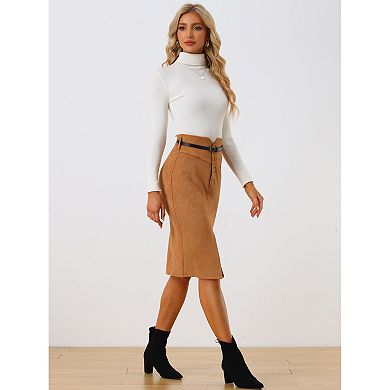 Faux Suede Skirt For Women's High Rise Button Front A-line Slit Skirt