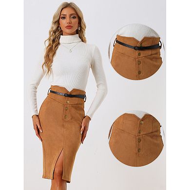 Faux Suede Skirt For Women's High Rise Button Front A-line Slit Skirt