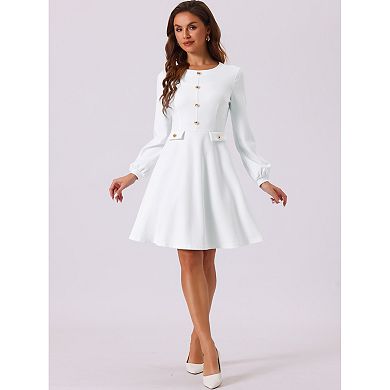 Work Office Dress For Women's Contrast Button Decor Long Sleeve Dresses