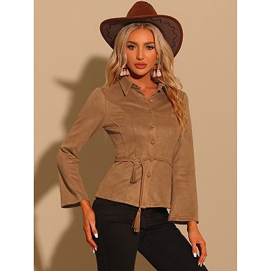 Women's Faux Suede Shirt Point Collar Casual Button Down Blouse