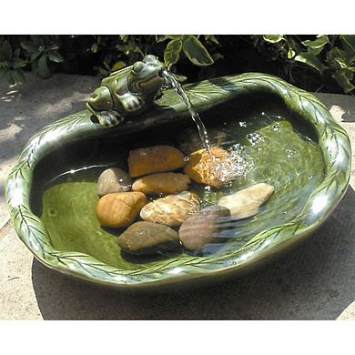 Green Glazed Ceramic Fountain Bird Bath With Frog And Solar Pump