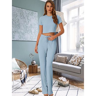 Women's Outfits Short Sleeve Knit Crop Top And Drawstring Waist Wide Leg Pant Set 2 Piece