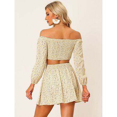 2 Piece Outfit For Women's Floral One Shoulder Crop Top And Skirt