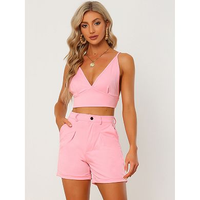 Women's 2 Piece Outfits Casual Summer Sleeveless Knot Back Crop Top Camisole With Shorts