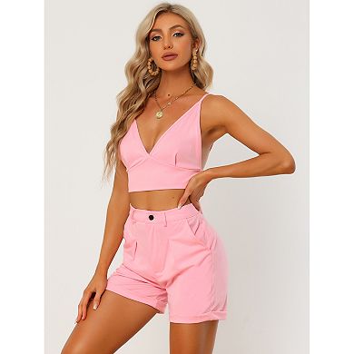 Women's 2 Piece Outfits Casual Summer Sleeveless Knot Back Crop Top Camisole With Shorts