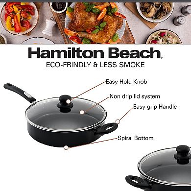 Hamilton Beach 11" Black Nonstick Saute Pan, Soft Handle, Glass Lid, Flared Edge, Multipurpose