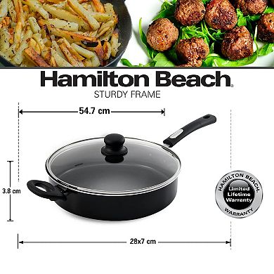 Hamilton Beach 11" Black Nonstick Saute Pan, Soft Handle, Glass Lid, Flared Edge, Multipurpose