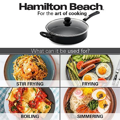 Hamilton Beach 11" Black Nonstick Saute Pan, Soft Handle, Glass Lid, Flared Edge, Multipurpose