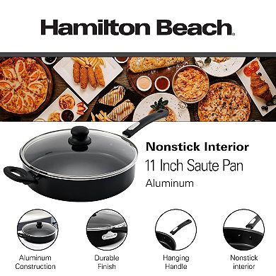 Hamilton Beach 11" Black Nonstick Saute Pan, Soft Handle, Glass Lid, Flared Edge, Multipurpose