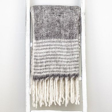 Gray and White Herringbone and Striped Pattern Throw Blanket 52" x 67"