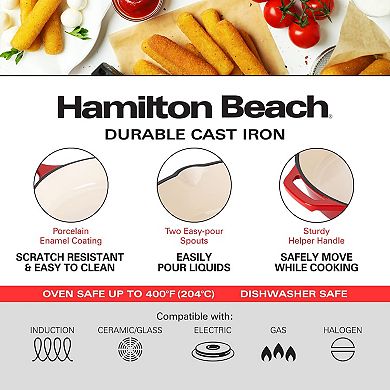 Hamilton Beach Enameled Cast Iron Fry Pan 12" Red, Cream Enamel Coating,safe Up To 400 Degrees