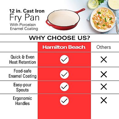 Hamilton Beach Enameled Cast Iron Fry Pan 12" Red, Cream Enamel Coating,safe Up To 400 Degrees