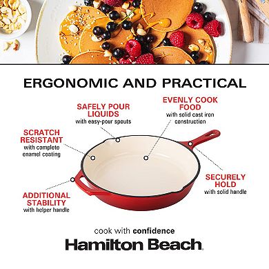 Hamilton Beach Enameled Cast Iron Fry Pan 12" Red, Cream Enamel Coating,safe Up To 400 Degrees