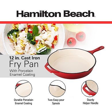 Hamilton Beach Enameled Cast Iron Fry Pan 12" Red, Cream Enamel Coating,safe Up To 400 Degrees