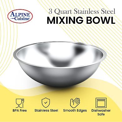 Alpine Cuisine 3-quart Stainless Steel Kitchen Mixing Bowls, Salad Bowls Heavy Duty Deeper Edge