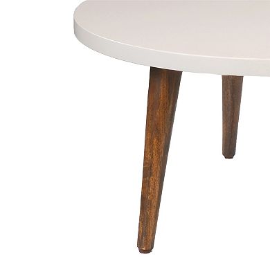 24 Inch Modern Coffee Table, Round Off White MDF Top, Tapered Brown Mango Wood Legs