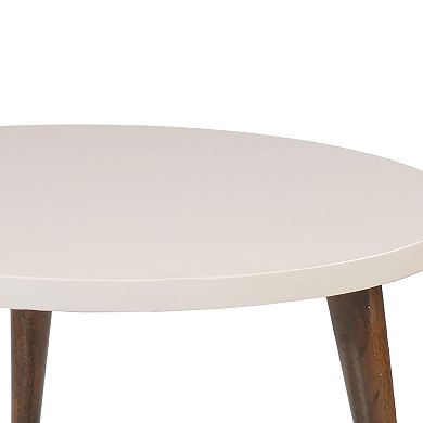 24 Inch Modern Coffee Table, Round Off White MDF Top, Tapered Brown Mango Wood Legs