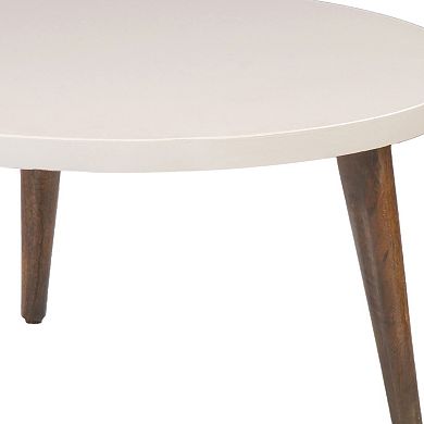 24 Inch Modern Coffee Table, Round Off White MDF Top, Tapered Brown Mango Wood Legs