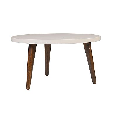 24 Inch Modern Coffee Table, Round Off White MDF Top, Tapered Brown Mango Wood Legs