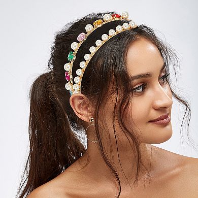 Metal Round Colorful Glass Faux Crystal Hairband Faux Pearl Headband