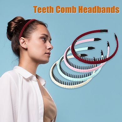 4pcs Women Teeth Comb Headbands Non-slip Hair Hoop Wine Red Beige Pink Blue