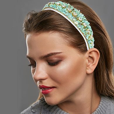 Bling Headband Crushed Turquoise Rhinestone Wide Edge Hairband for Women
