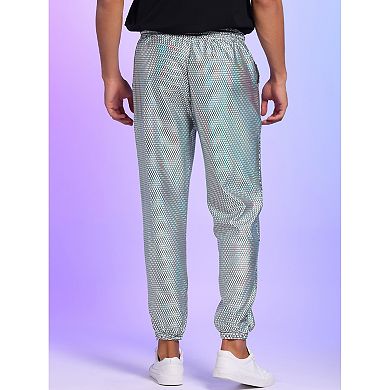 Men's Sparkly Metallic Pants Drawstring Waist Nightclub Disco Shiny Sequin Joggers