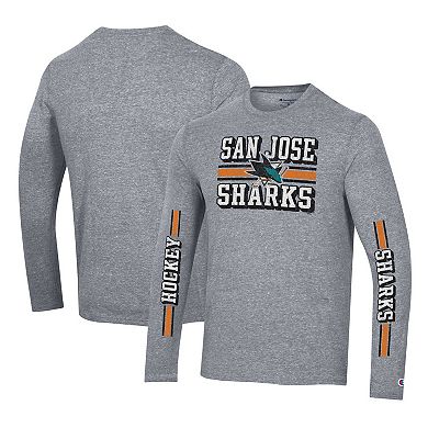 Men's Champion Heather Gray San Jose Sharks Tri-Blend Dual-Stripe Long Sleeve T-Shirt