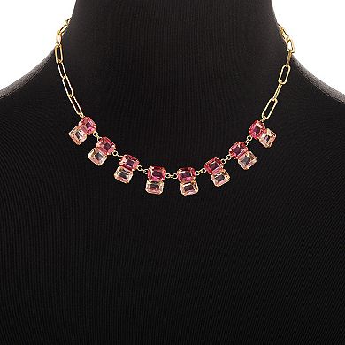 Emberly Gold Tone Pink Glass Stone Paperclip Chain Necklace