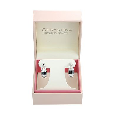 Chrystina Fine Silver Plated White & Black Crystal Hoop Earrings