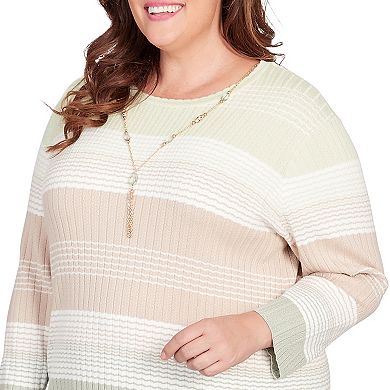 Plus Size Alfred Dunner Striped Ribbed Crewneck Sweater with Necklace
