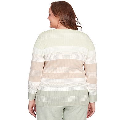 Plus Size Alfred Dunner Striped Ribbed Crewneck Sweater with Necklace