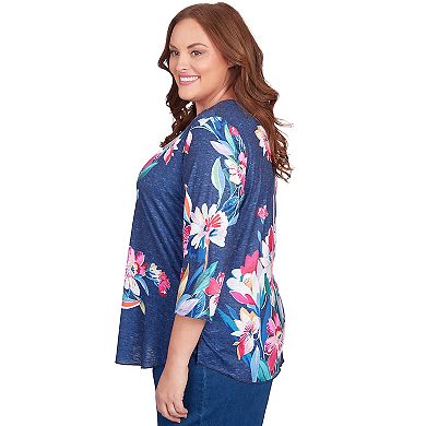 Plus Size Alfred Dunner Floral Print Lacey V-Neck Flowy Top