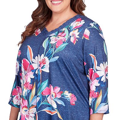 Plus Size Alfred Dunner Floral Print Lacey V-Neck Flowy Top