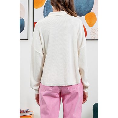 August Sky Women's Spread Collar Half Button Up Knit Pullover