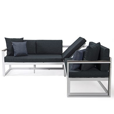 LeisureMod Chelsea White Sectional With Adjustable Headrest & Coffee Table With Two Tone Cushions