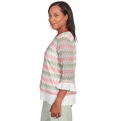 Women's Alfred Dunner Zig-Zag Lace Layered Long Sleeve Top with Necklace