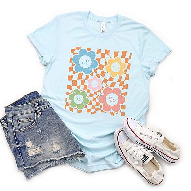 Checkered Flowers And Smiley Short Sleeve Graphic Tee