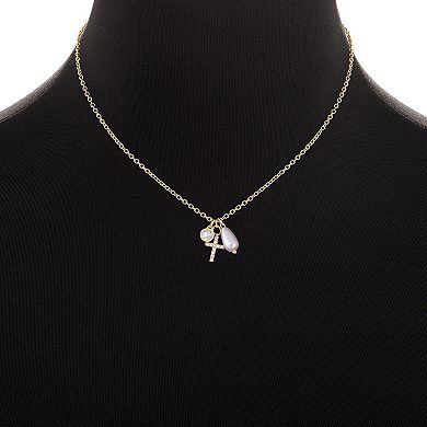 Emberly Gold Tone Cubic Zirconia Cross and Simulated Pearl Cluster Charm Necklace
