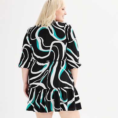 Plus Size Nine West Long Sleeve Tiered Belted Mini Dress