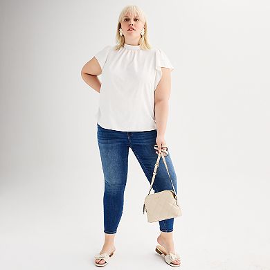 Plus Size Nine West Mockneck Short Sleeve Blouse