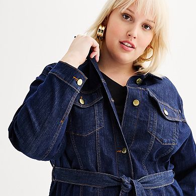 Plus Size Nine West Denim Belted Jean Jacket