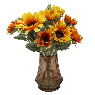 Artificial Sunflowers In Amber Glass Vase Floral Arrangement Table Decor