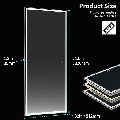72-in Oversized Bathroom Wall Mirror With 3 Color Led Lights, Aluminum Frame Full Length Mirror