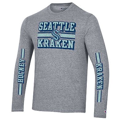 Men's Champion Heather Gray Seattle Kraken Tri-Blend Dual-Stripe Long Sleeve T-Shirt