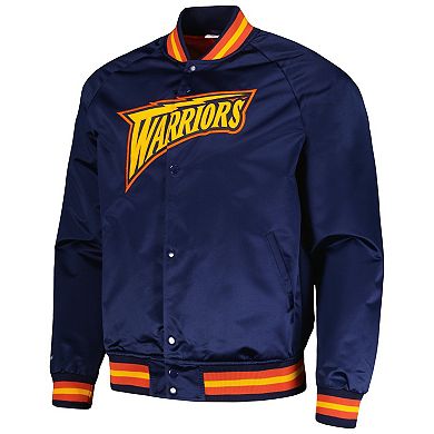 Men's Mitchell & Ness Navy Golden State Warriors Hardwood Classics  Throwback Wordmark Raglan Full-Snap Jacket