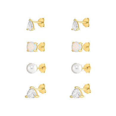 PRIMROSE 18k Gold Plated Cubic Zirconia, Opal & Simulated Pearl 4-Piece Stud Earring Set