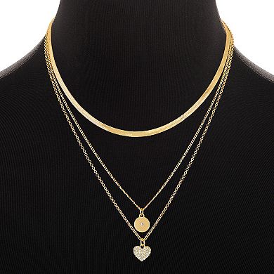Emberly Gold Tone Pave Cubic Zirconia Chain, Disc and Heart Pendant Triple Layered Necklace