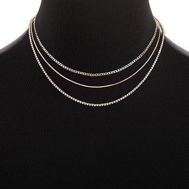 Emberly Curb Chain, Square Snake Chain & Glass Stone Tennis Chain Triple Layer Necklace